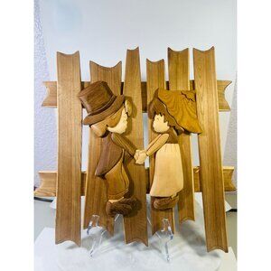 Intarsia Hand crafted 3D Wooden Wall Art Of Boy & Girl  Holding Hands Kids Decor